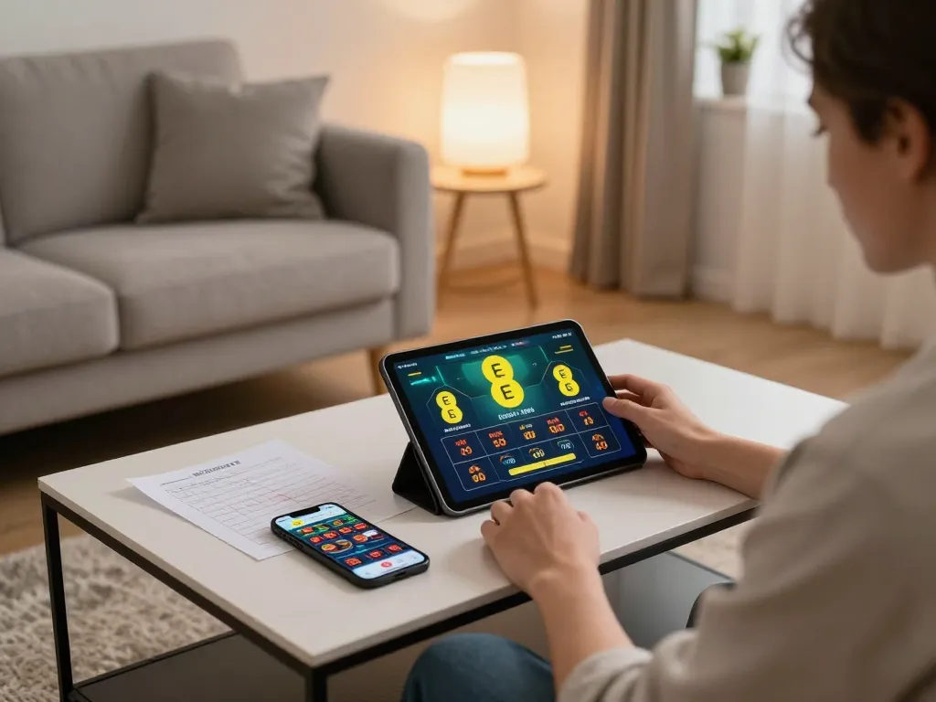 Engaging in online betting on EE88 from a cozy home gaming setup with a tablet.