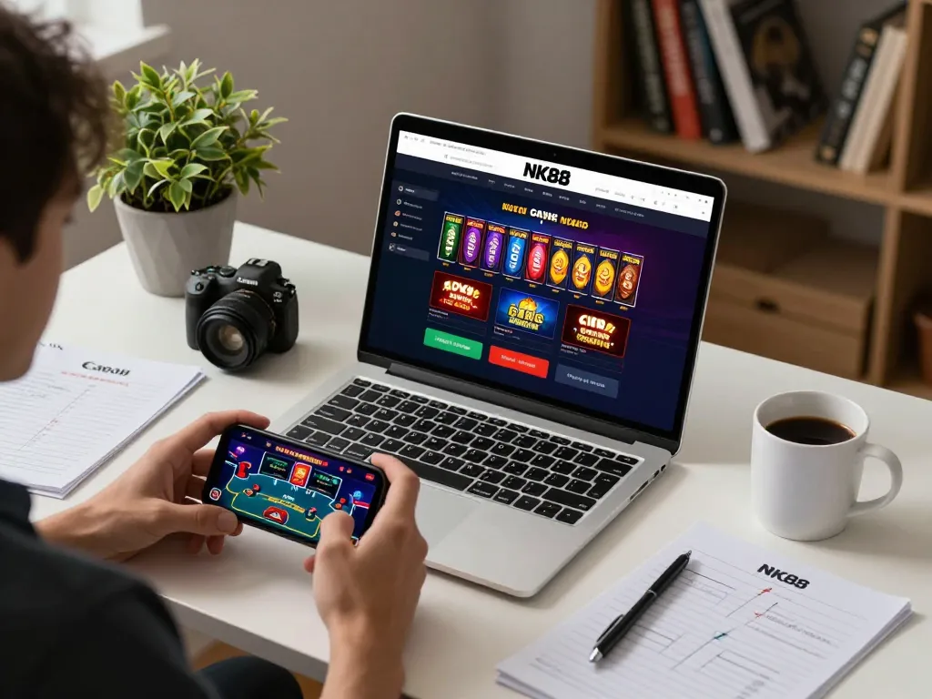 Engaging NK88 online casino experience with a player using a laptop and smartphone to strategize and play.