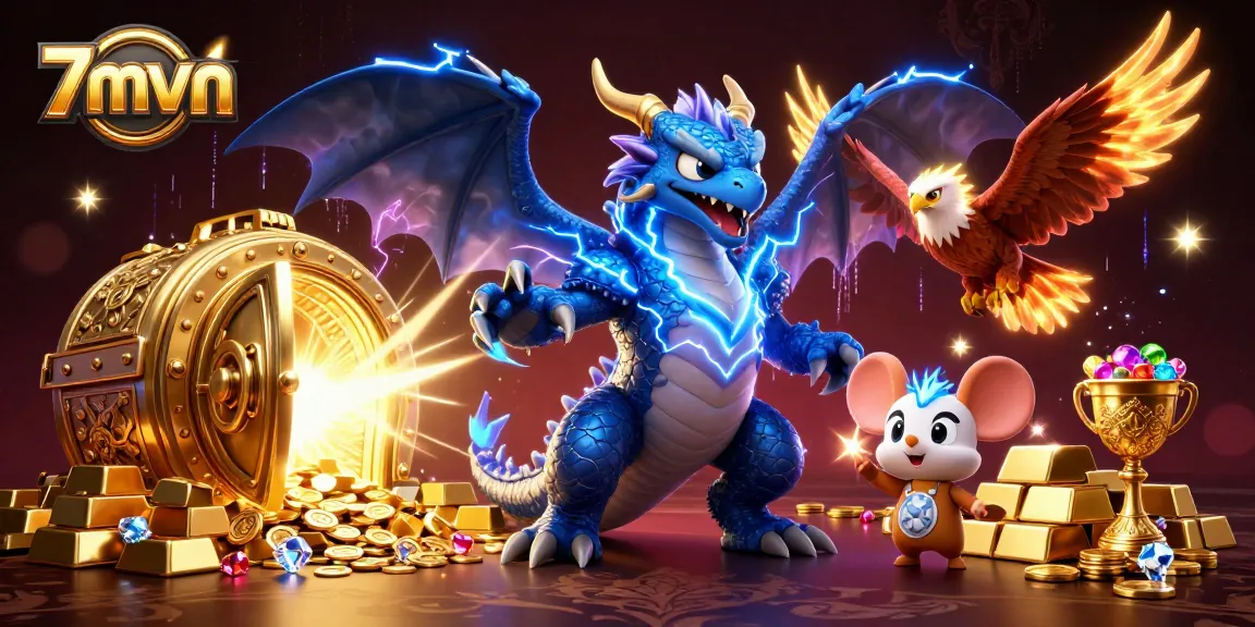 Engage with 7mvn's competitive online sports betting scene illustrated with dynamic characters and rich casino elements.