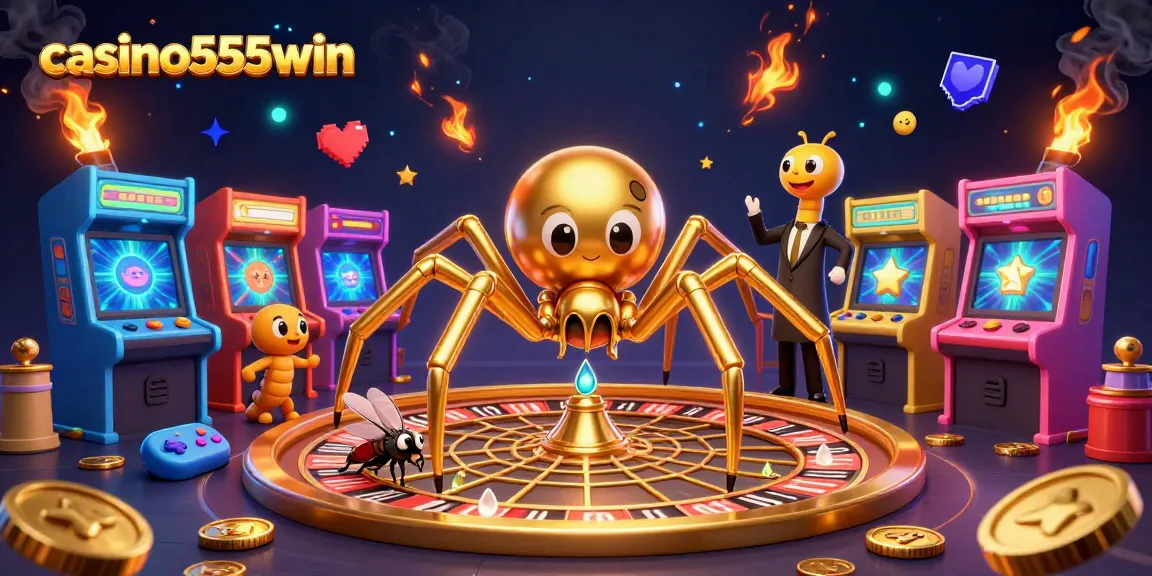 Engage in exciting gaming action at casino555win with a dynamic roulette-themed illustration featuring casino games.