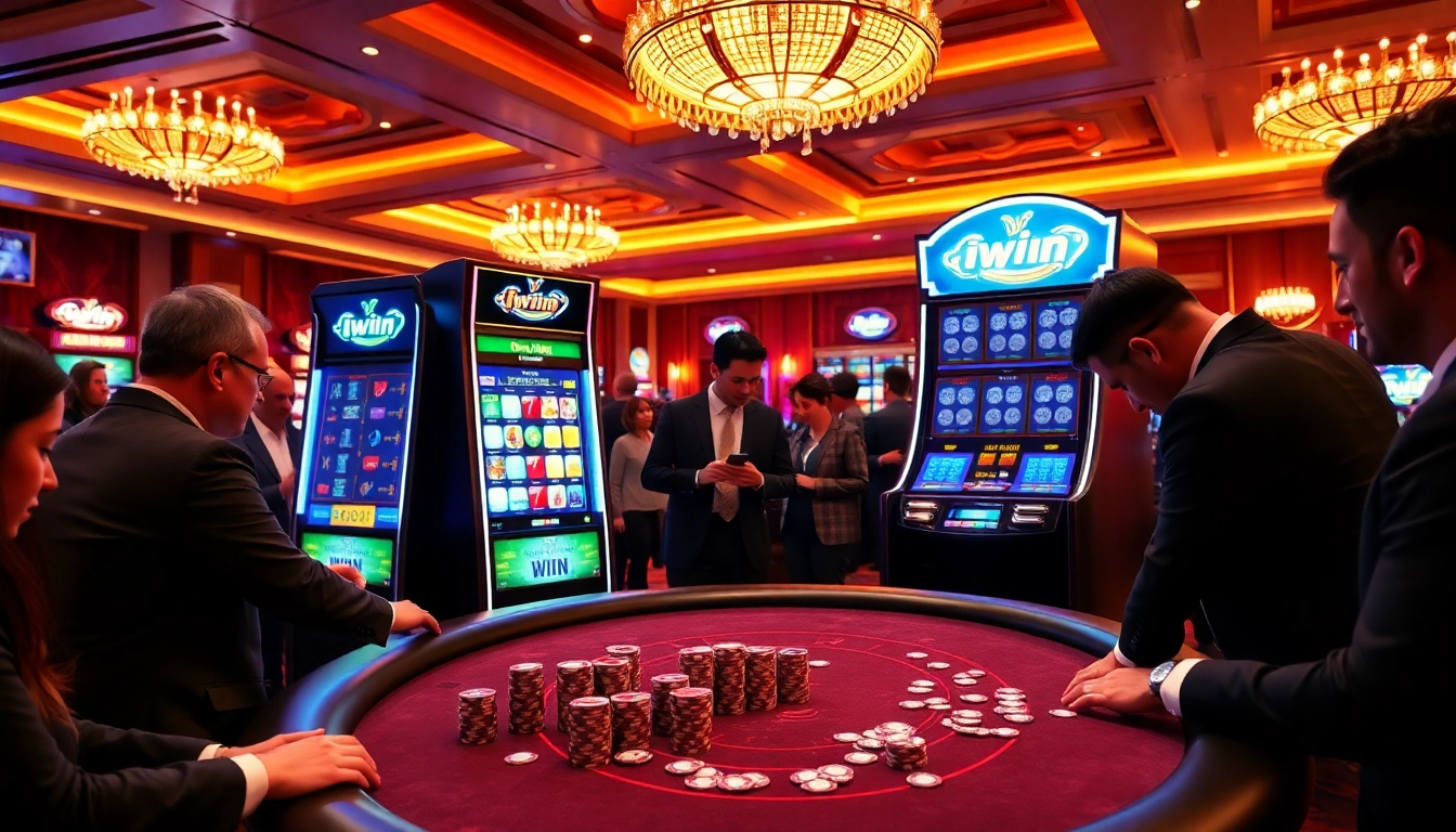 Iwin slot machine showcased in an elegant casino scene with players engaging in poker