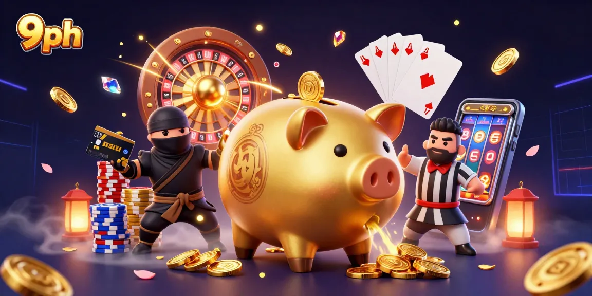 Engage with 9ph's exciting casino scene featuring a golden piggy bank sumo wrestler amidst sparkling elements.
