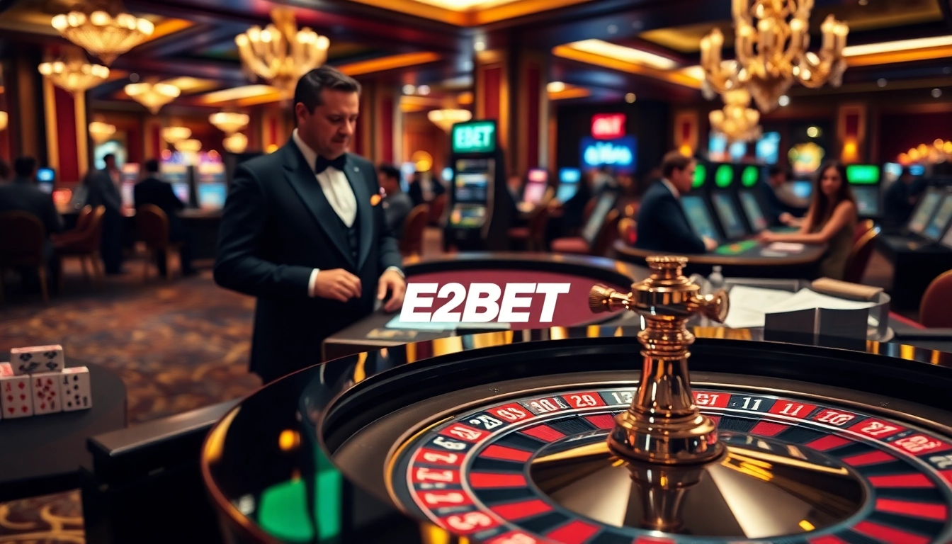 Players engage in a thrilling game with E2BET at a luxurious casino table filled with chips and cards.