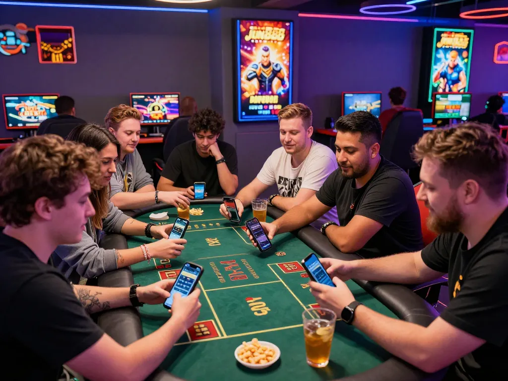 Exciting gaming atmosphere at Jun888 with friends placing bets