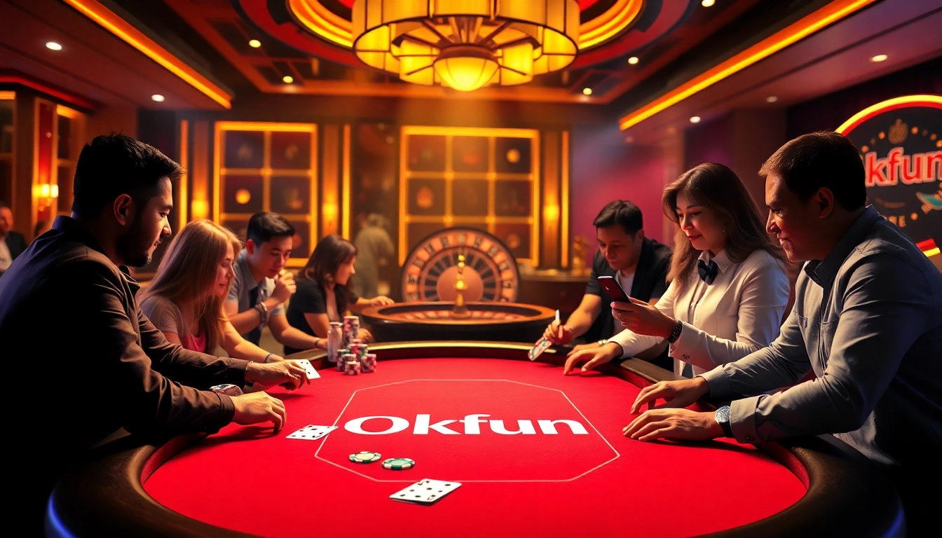 Engage with Okfun's exciting poker table experience surrounded by lively players and luxury elements.