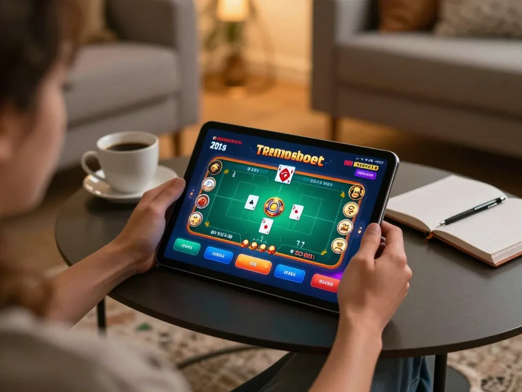 Experience thrilling online poker with BCX88 in a cozy home setting, engaging gameplay on a tablet.