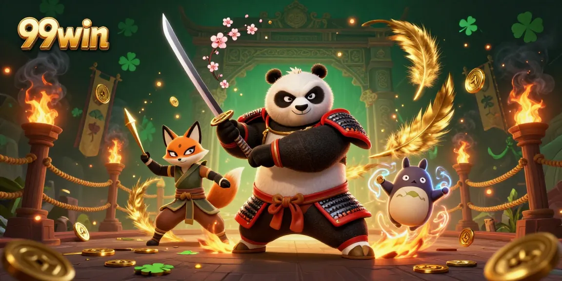 Experience the thrill of gaming with 99win as samurai panda battles in an energetic casino scene.