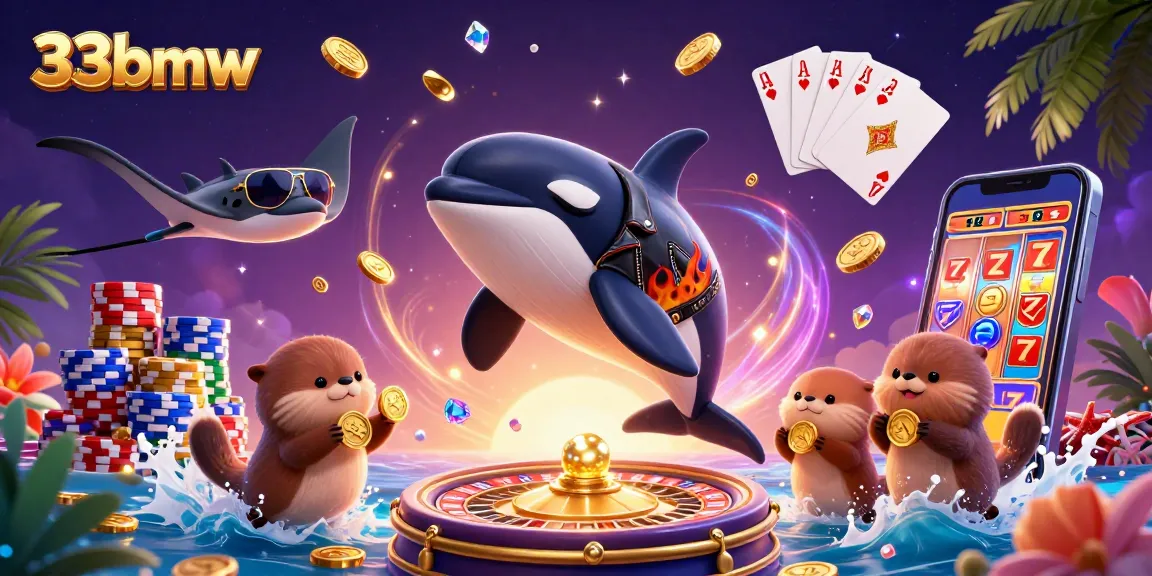 Experience thrilling gameplay with 33bmw as an orca, stingray, and otters celebrate wins amidst golden coins and a spinning roulette wheel.