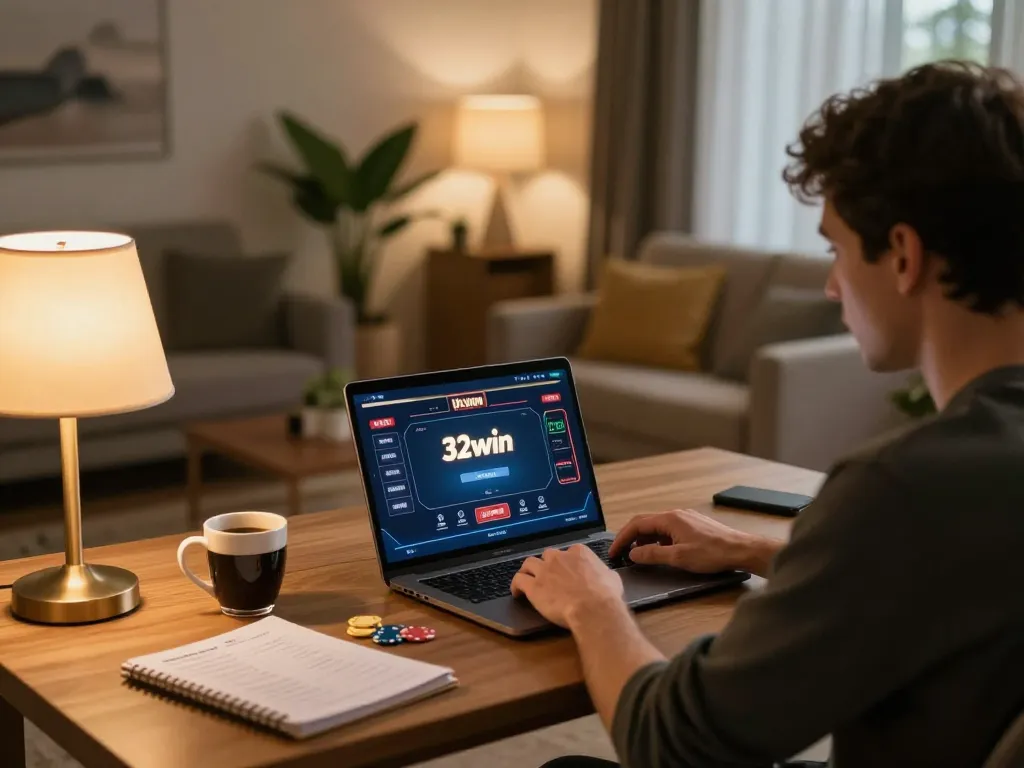 Engaging player using 32win online poker interface at home, focused on gaming strategy.