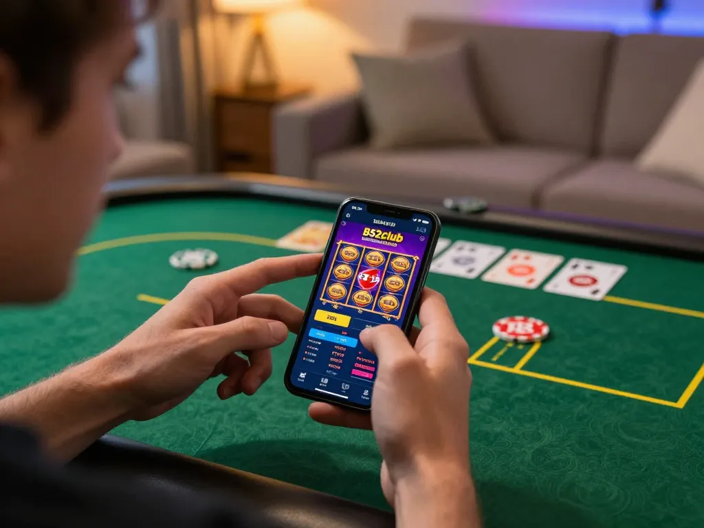 B52club player enjoying mobile gambling with colorful game interface and responsible tracking.