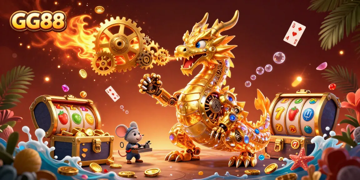 Spin the reels with GG88 in this vibrant 3D casino scene full of treasure and excitement.