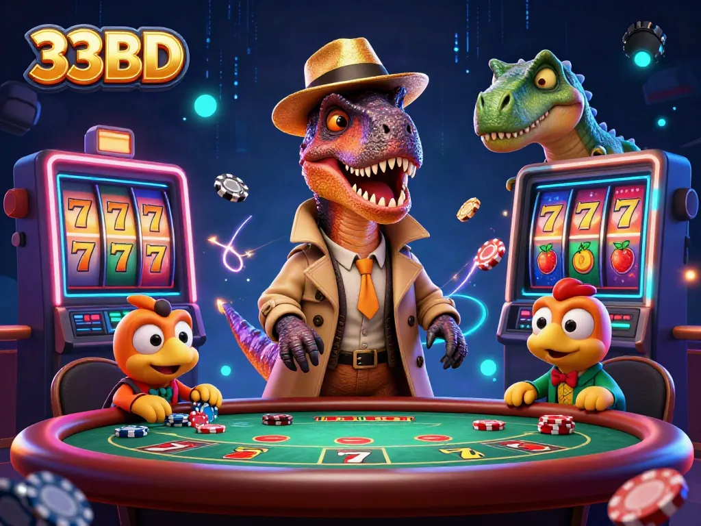 Experience thrilling action at 33BD as a velociraptor attempts card counting at a blackjack table.
