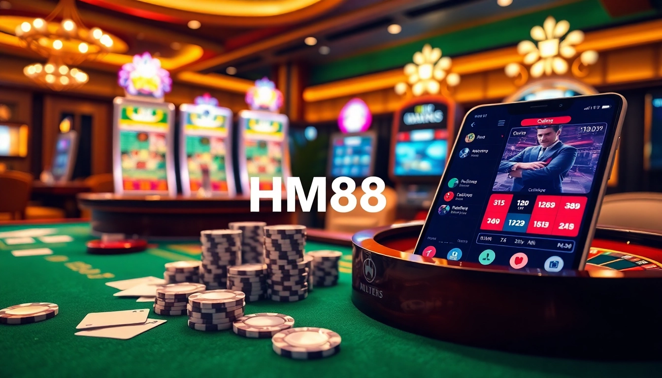 Gambling excitement at HM88 with vibrant casino tables, chips, and online gaming.