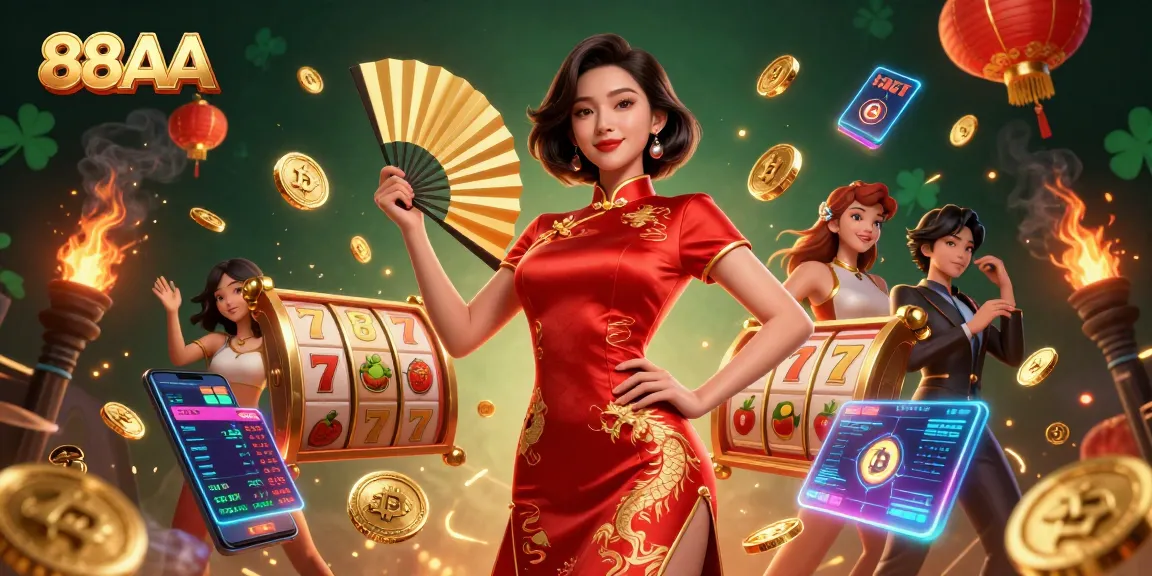 Experience thrilling gameplay with 88AA as an Asian woman elegantly interacts with slot machines and glowing crypto coins.