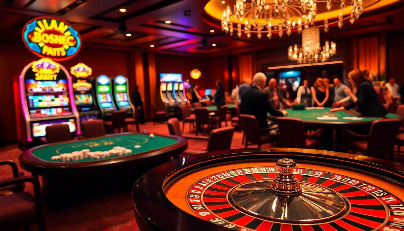 Bong88 players enjoying a luxurious casino experience with vibrant slot machines and roulette tables.