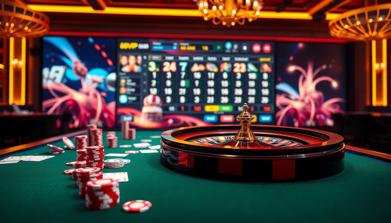 Engaging scene at 68VIP casino showcasing colorful poker chips and a vibrant roulette wheel.