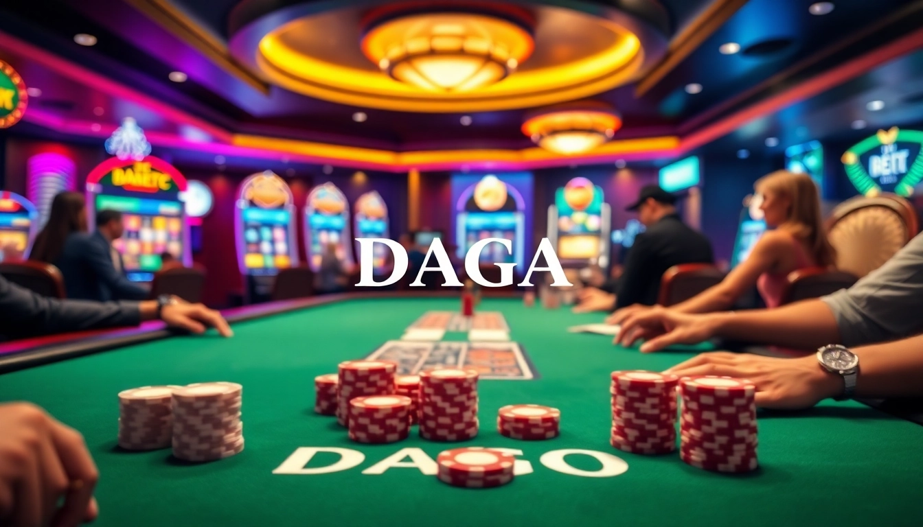 DAGA players strategizing and placing bets at a luxurious casino poker table with vibrant slot machines in the background.