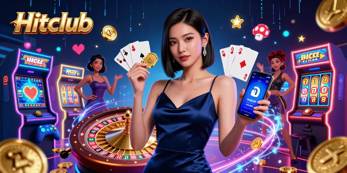 Spin the reels at Hitclub with a stunning Asian woman showcasing a casino app and golden chip.