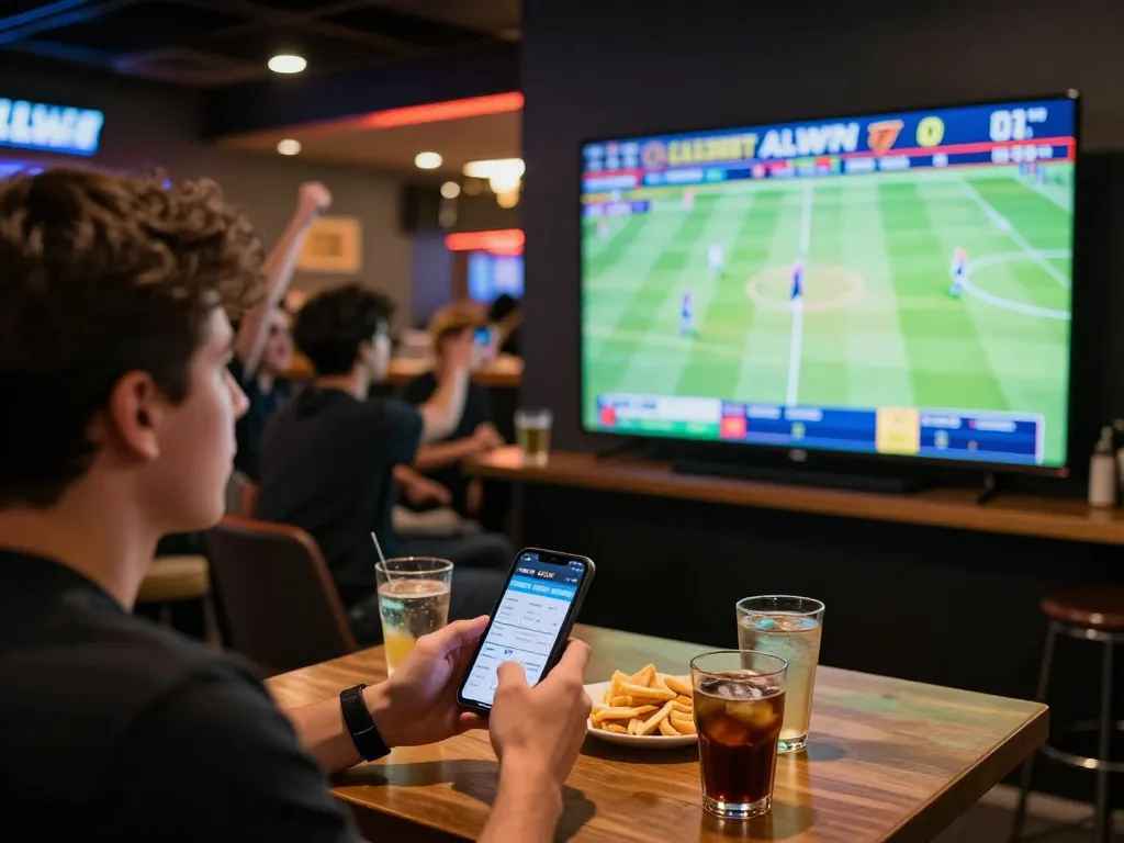 Engage with live betting on LLWIN, as friends cheer for thrilling sports events in a vibrant setting.