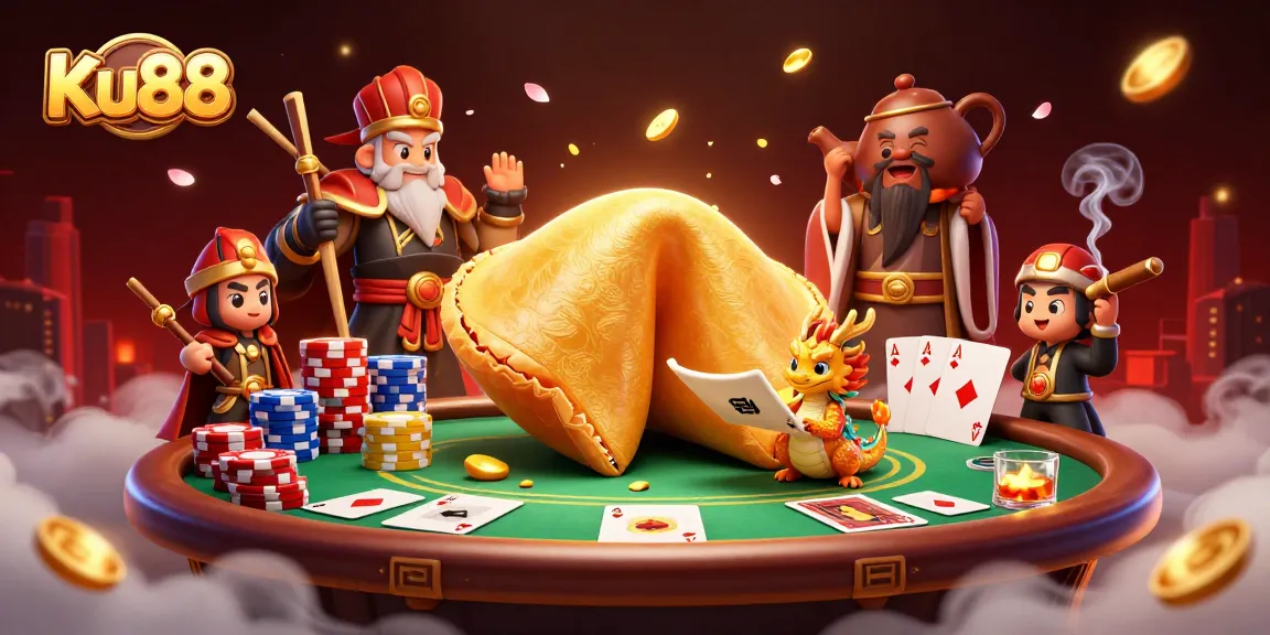 Engage with the thrilling world of Ku88 casino featuring dynamic poker scenes and animated fortune elements.