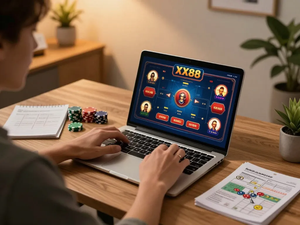 Experience excitement with XX88 casino games on a stylish home setup during immersive gameplay.
