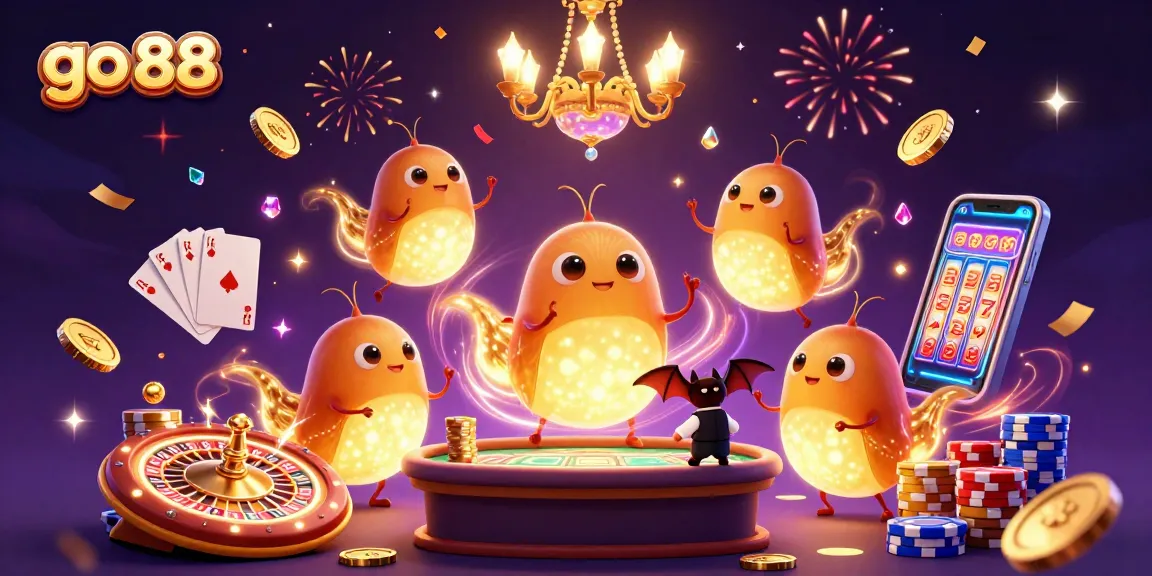 Experience the excitement of go 88 with a vibrant 3D casino scene filled with glowworms, golden coins, and sparkling gems.