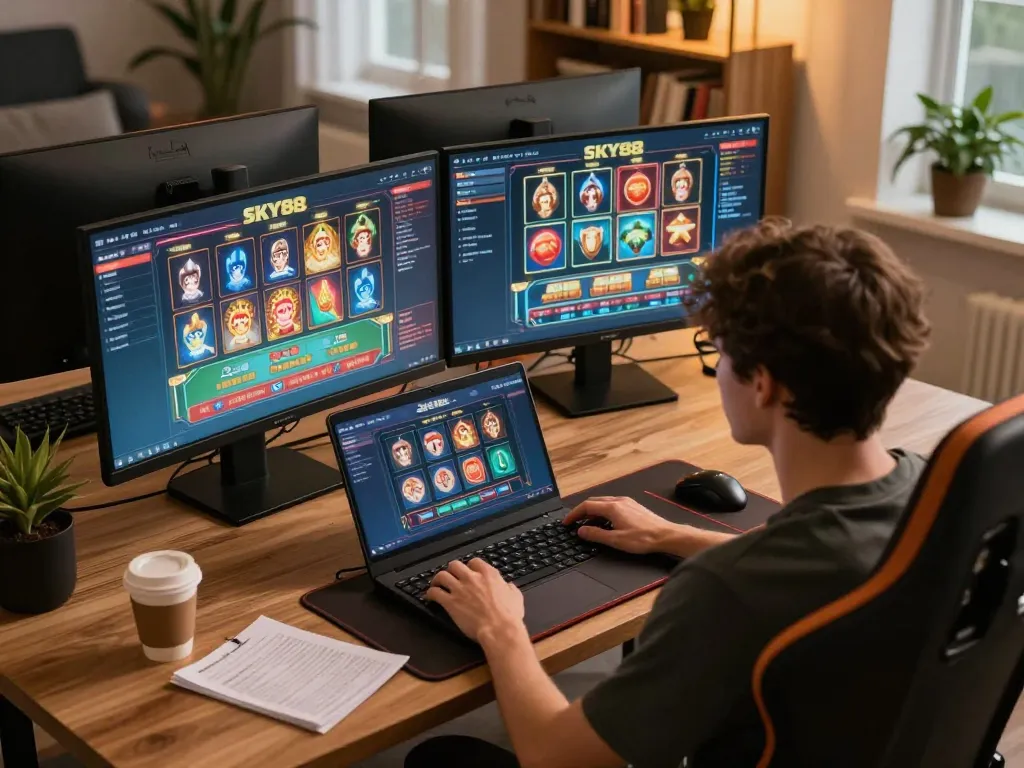 Engaging in SKY88 online gaming at a stylish home setup with dual monitors and strategic notes.