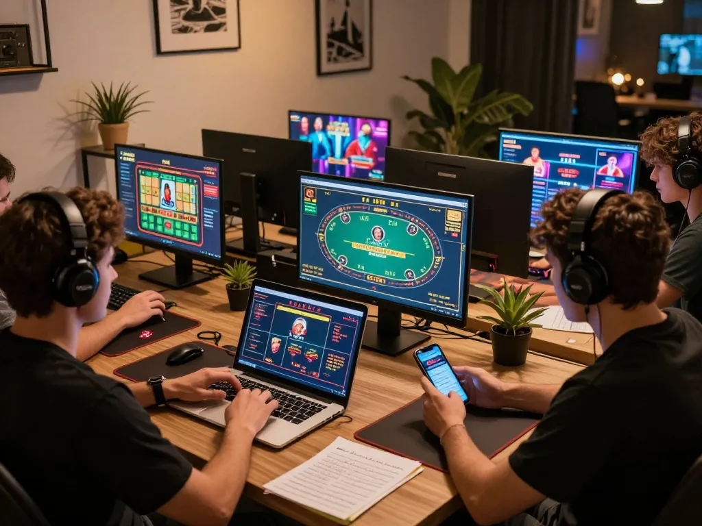 Player using laptop for mb66 online casino game with vibrant screens, emphasizing strategic gameplay