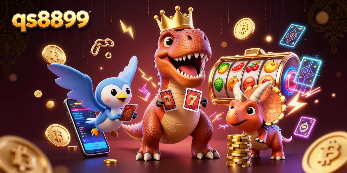 Experience thrilling gameplay at qs8899 with T-Rex shuffling cards in a vibrant casino scene.