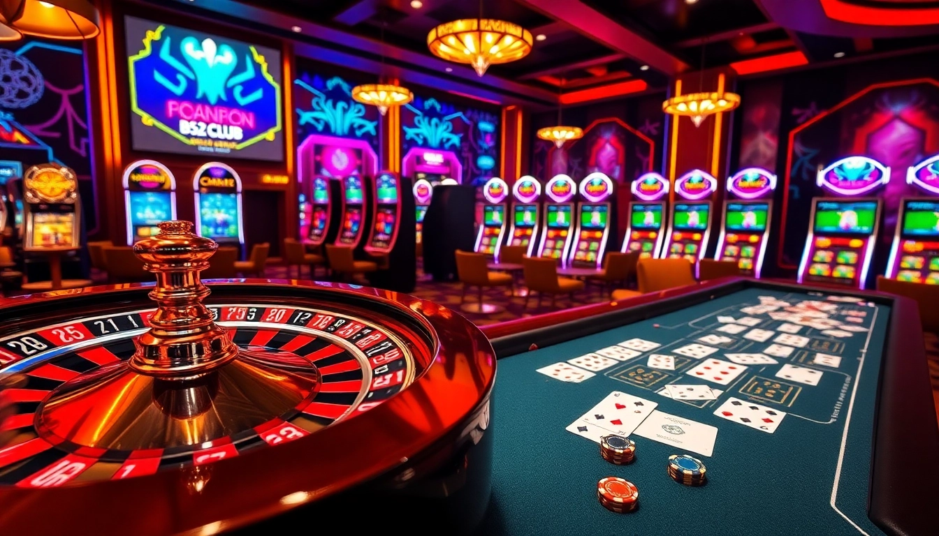 Engaging scene with B52Club elements, featuring tables and slot machines in a vibrant casino atmosphere.