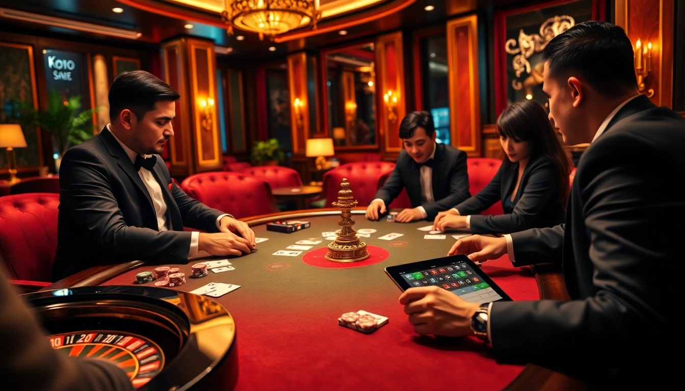 Kèo Nhà Cái betting on a high-stakes poker game with vibrant casino elements and luxurious decor.