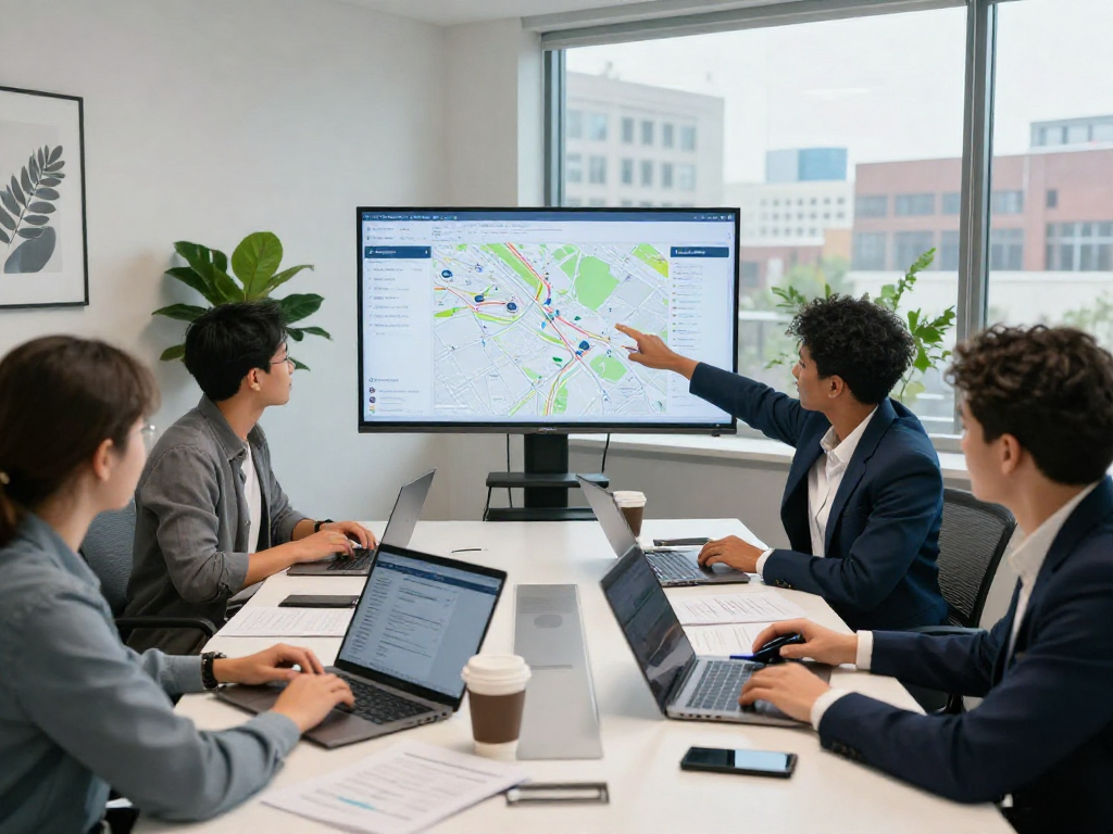 Agents collaborating in a modern office using IDXSTAR for real estate listings.
