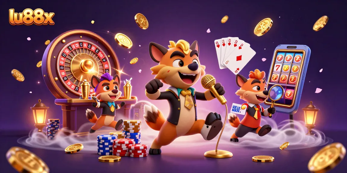 Experience fun at lu88x with energetic hyena characters in a vibrant casino scene.