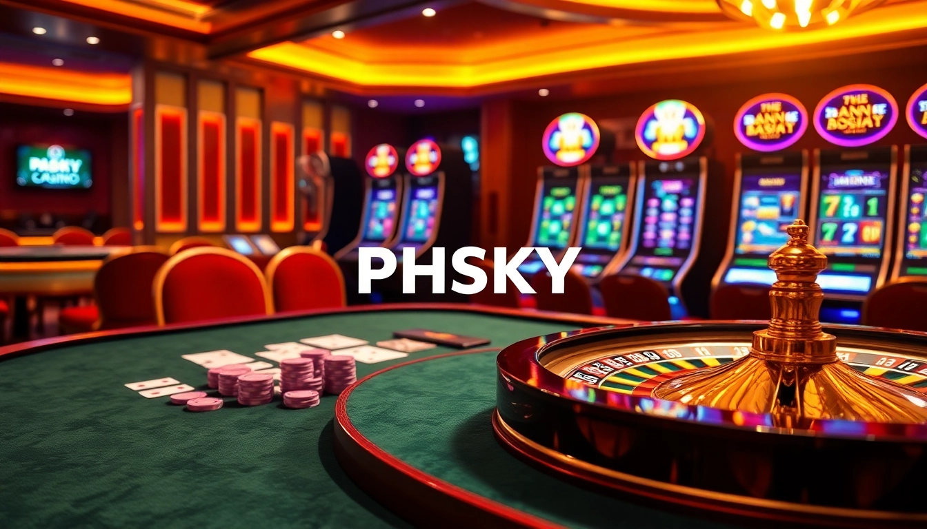 PHSKY Online Betting Casino scene with vibrant tables, cards, chips, and a roulette wheel reflecting luxury.