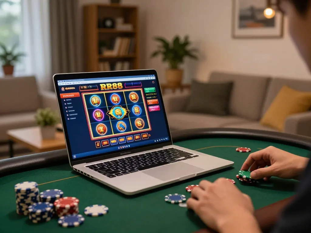 RR88 user engaging in online gaming with colorful slot games displayed on a laptop in a cozy living room.