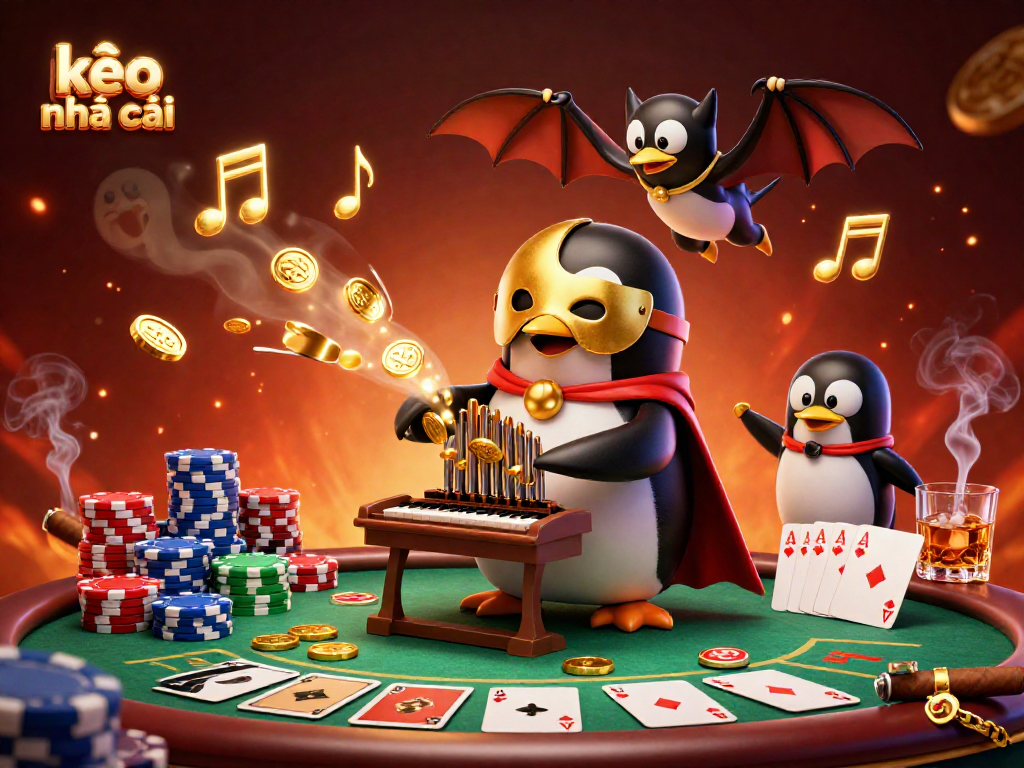 Experience thrilling kèo nhà cái action with a penguin playing the organ amidst poker chips and joyful casino celebration.