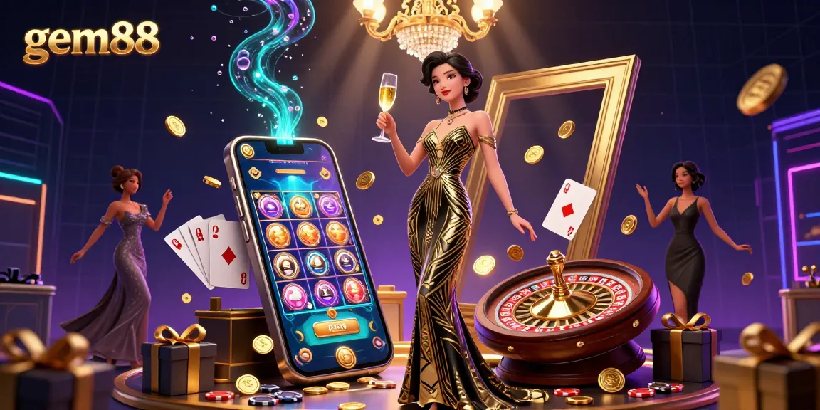 Experience the thrill of gem88 as a glamorous Asian woman celebrates with casino games and golden coins.