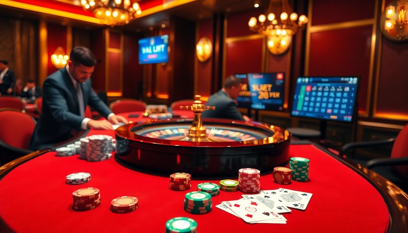 Engaging gambling scene featuring Vào Lưới TV with roulette, chips, and cards.