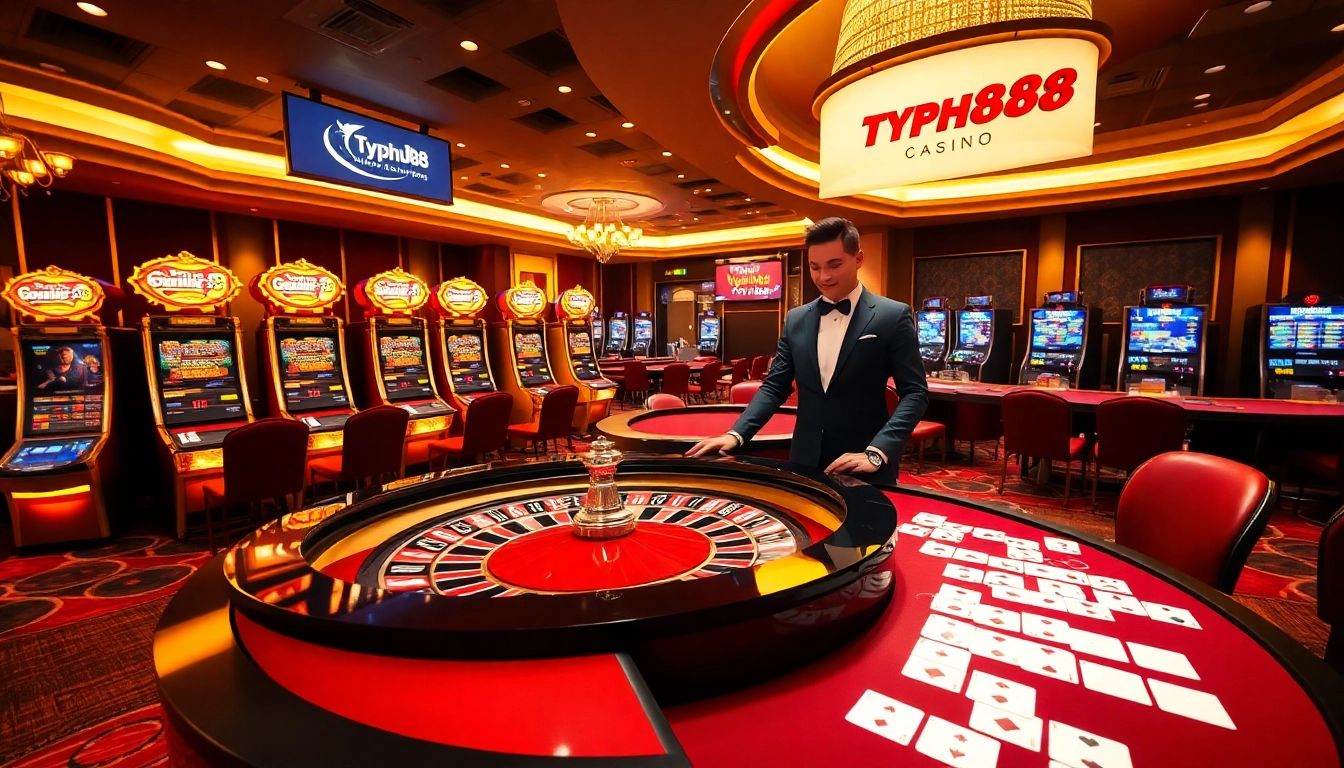 Exciting casino scene featuring Typhu88 slot machines and roulette, capturing the thrill of gaming.