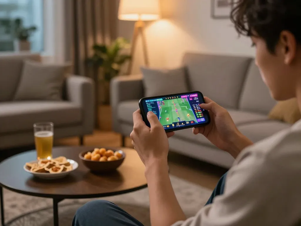 Engaging in a live sports bet on bet88 through smartphone in a cozy home setting