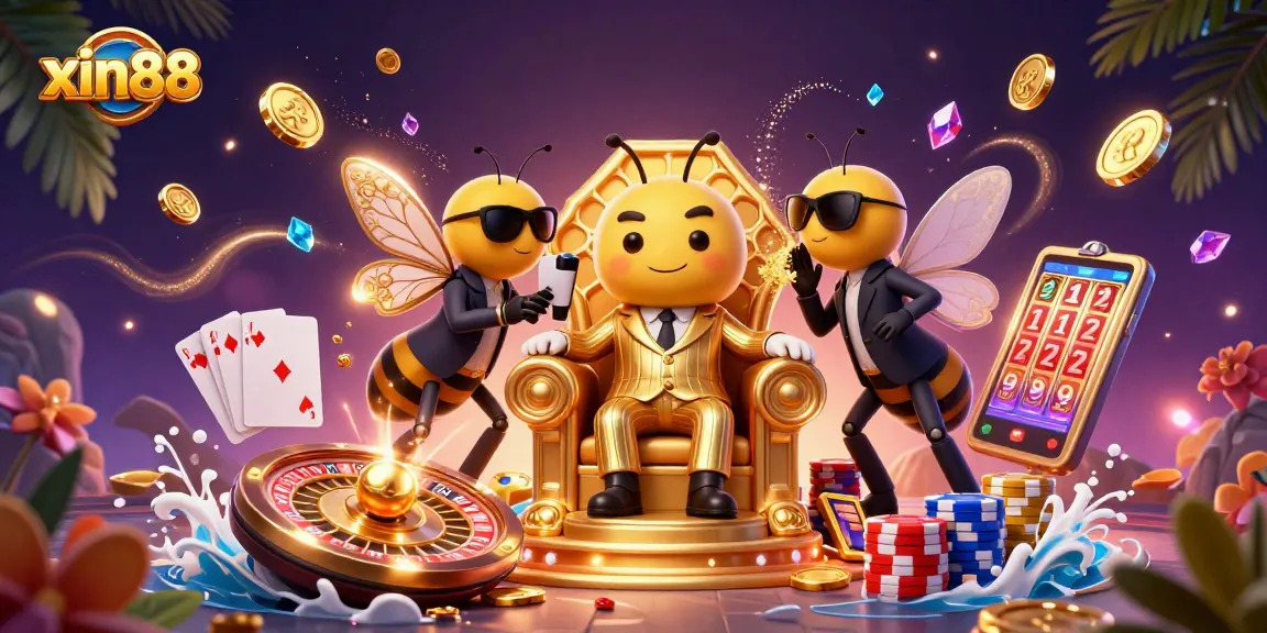 Play at xin88 with a vibrant casino scene featuring a 3D cartoon bumblebee mob boss and dazzling game elements.