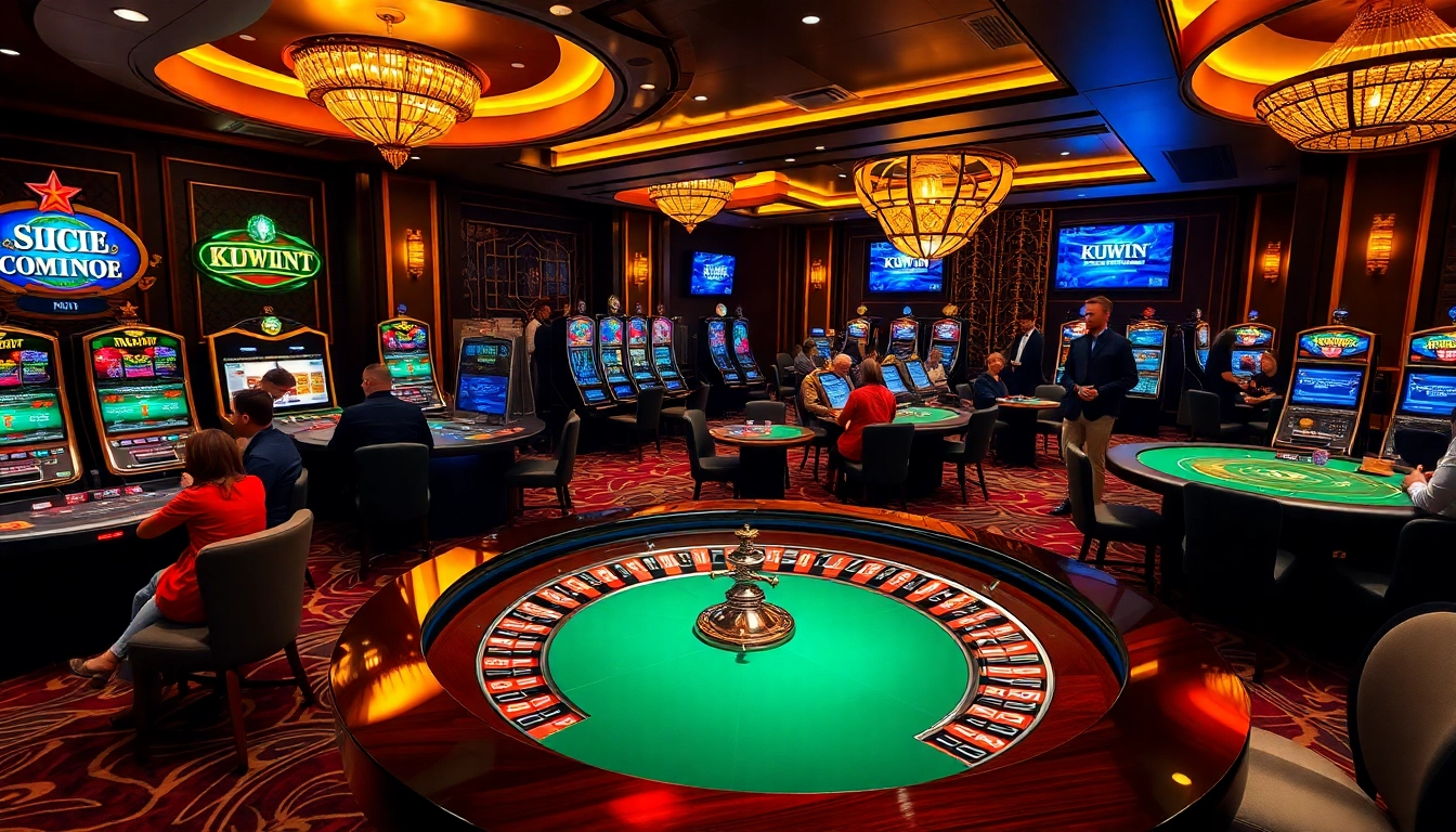 Kuwin roulette table surrounded by excited players in a luxurious casino setting.
