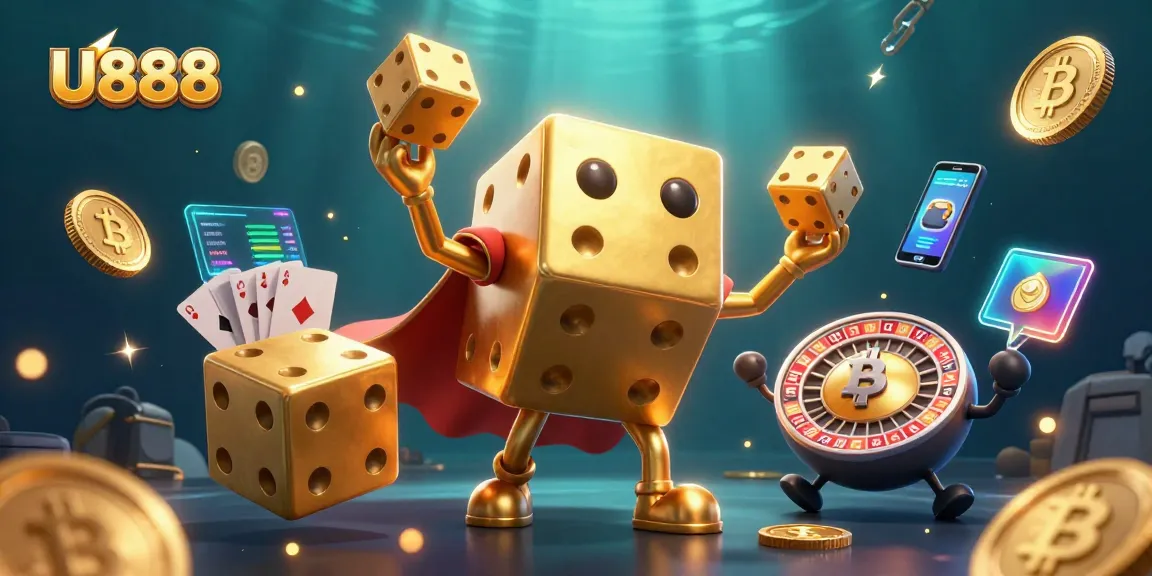U888 showcases a 3D cartoon illustration of golden dice and crypto coins within a vibrant casino setting.