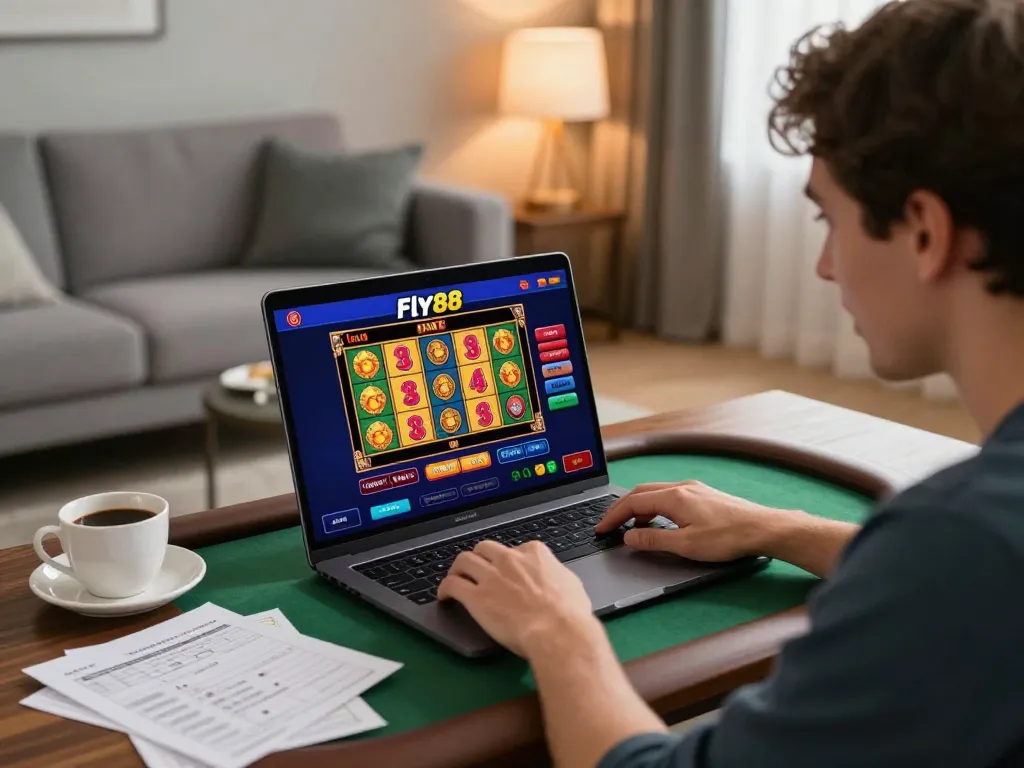 Engaged player exploring Fly88 casino games on a laptop, highlighting strategic online gambling.