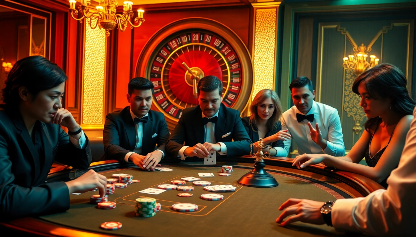 Players enjoying a high-stakes poker game at NOHU90 casino, surrounded by vibrant chips and cards.