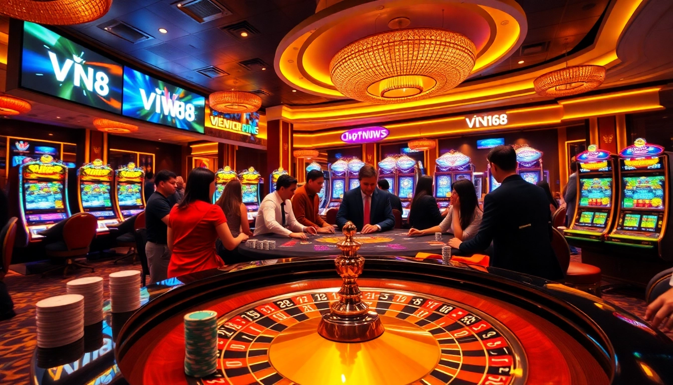 VN168 players enjoying an engaging casino experience at a roulette table with colorful chips.