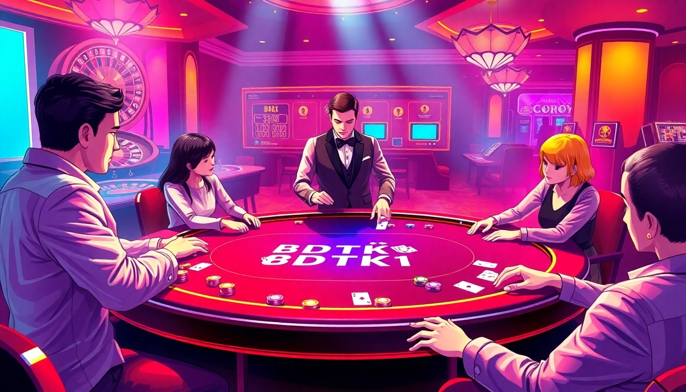 Players enjoying an exciting game at a BDTK1 poker table in a luxurious casino setting.