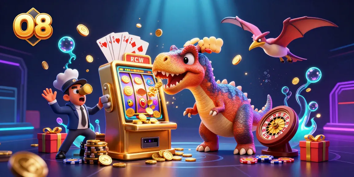 O8 casino scene featuring a pachycephalosaurus celebrating jackpot coins from a slot machine.