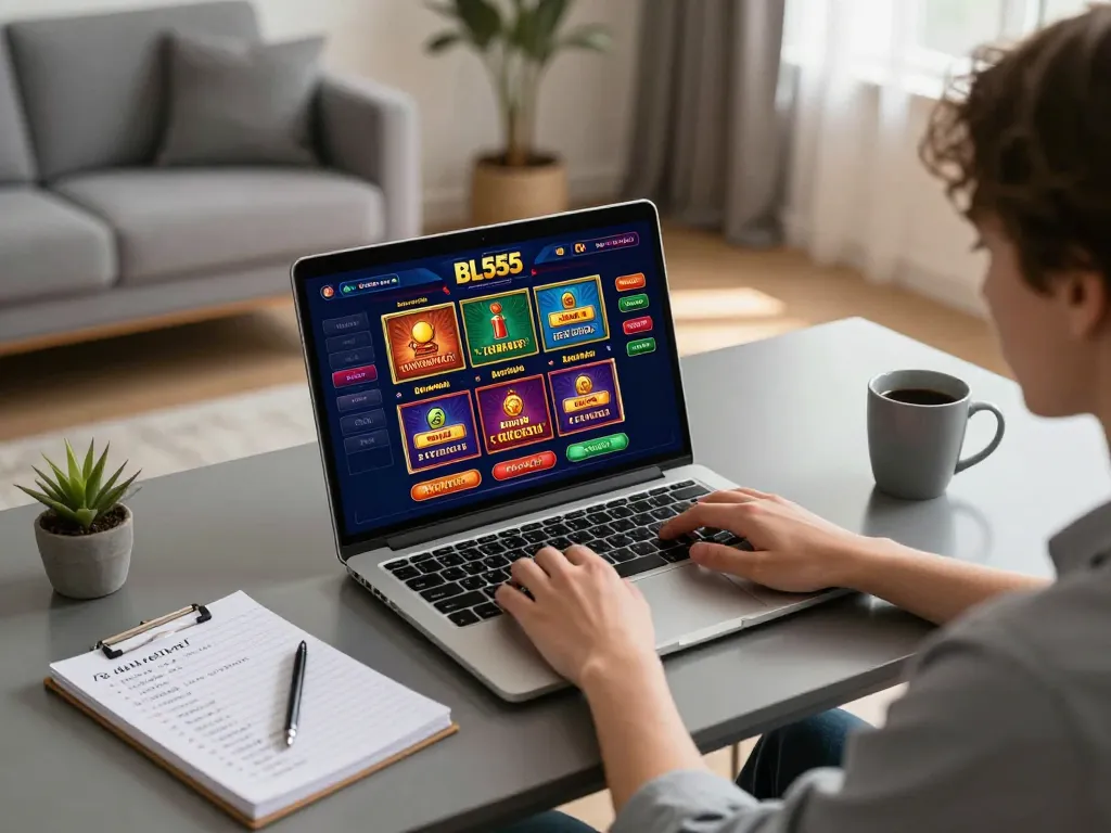 Player engaging with BL555 casino interface on laptop in a cozy home office.