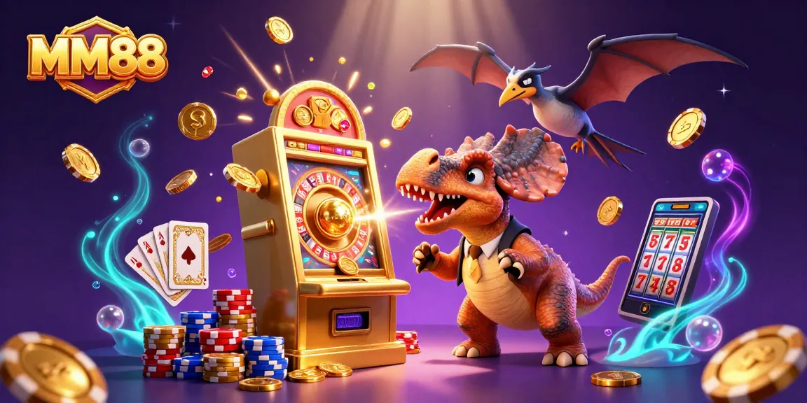 MM88 casino cartoon scene with dinosaur characters interacting with slot machines and flying coins.